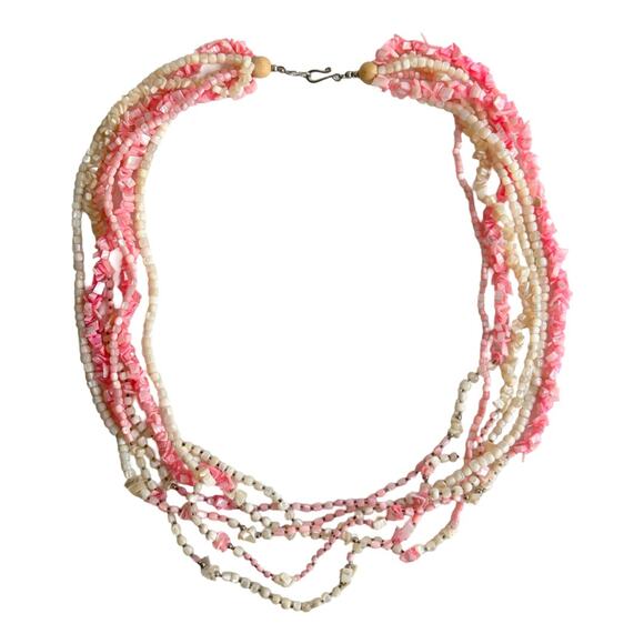 Vintage 80’s Pink & White Multi Strand Beaded Necklace - Picture 1 of 4